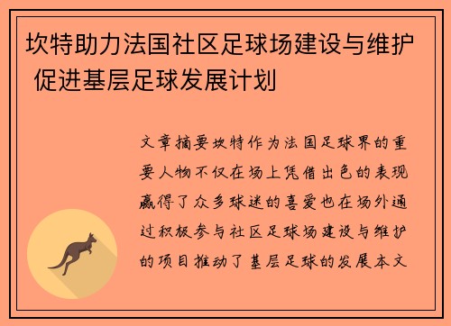 坎特助力法国社区足球场建设与维护 促进基层足球发展计划